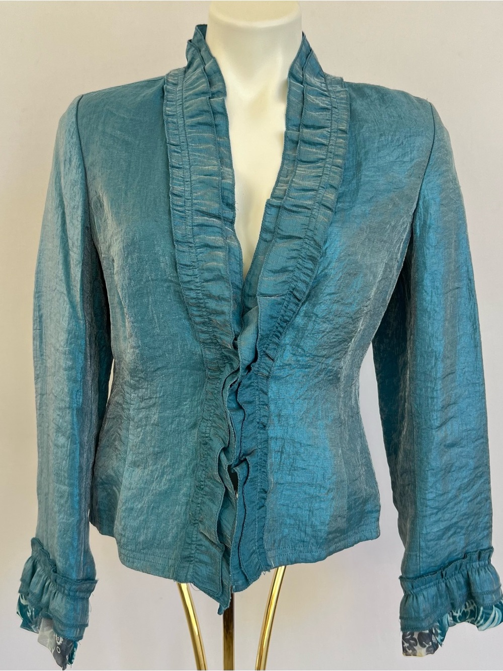 Vintage Y2K Blue Shimmer Ruffle Open Front Jacket Sz Med Fairy Whimsigoth Boho